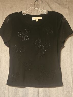 Madden Girl Black Tee with Sparkle Bows Large 19" Long